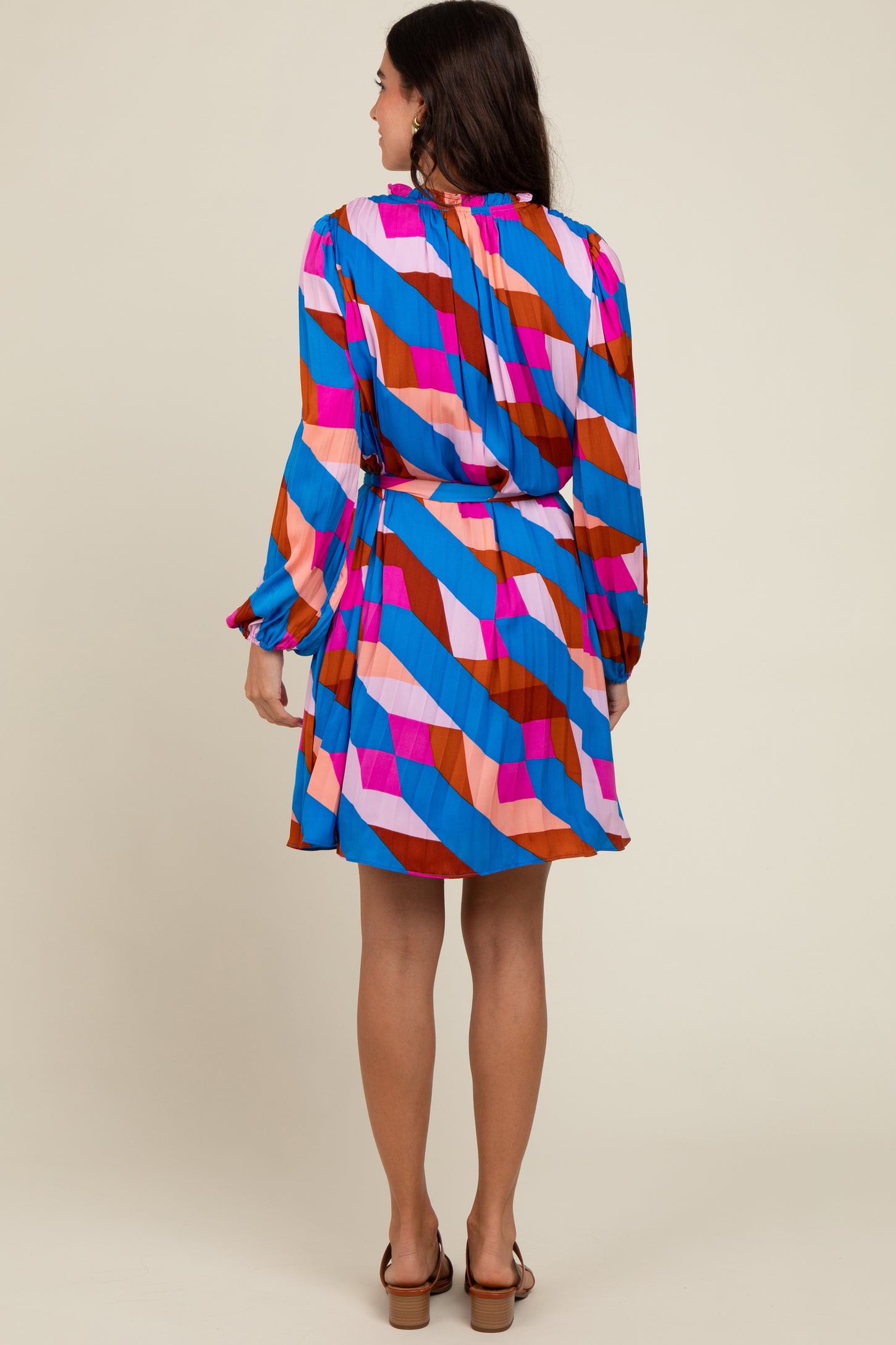 Blue Geometric Front Tie Long Puff Sleeve Dress