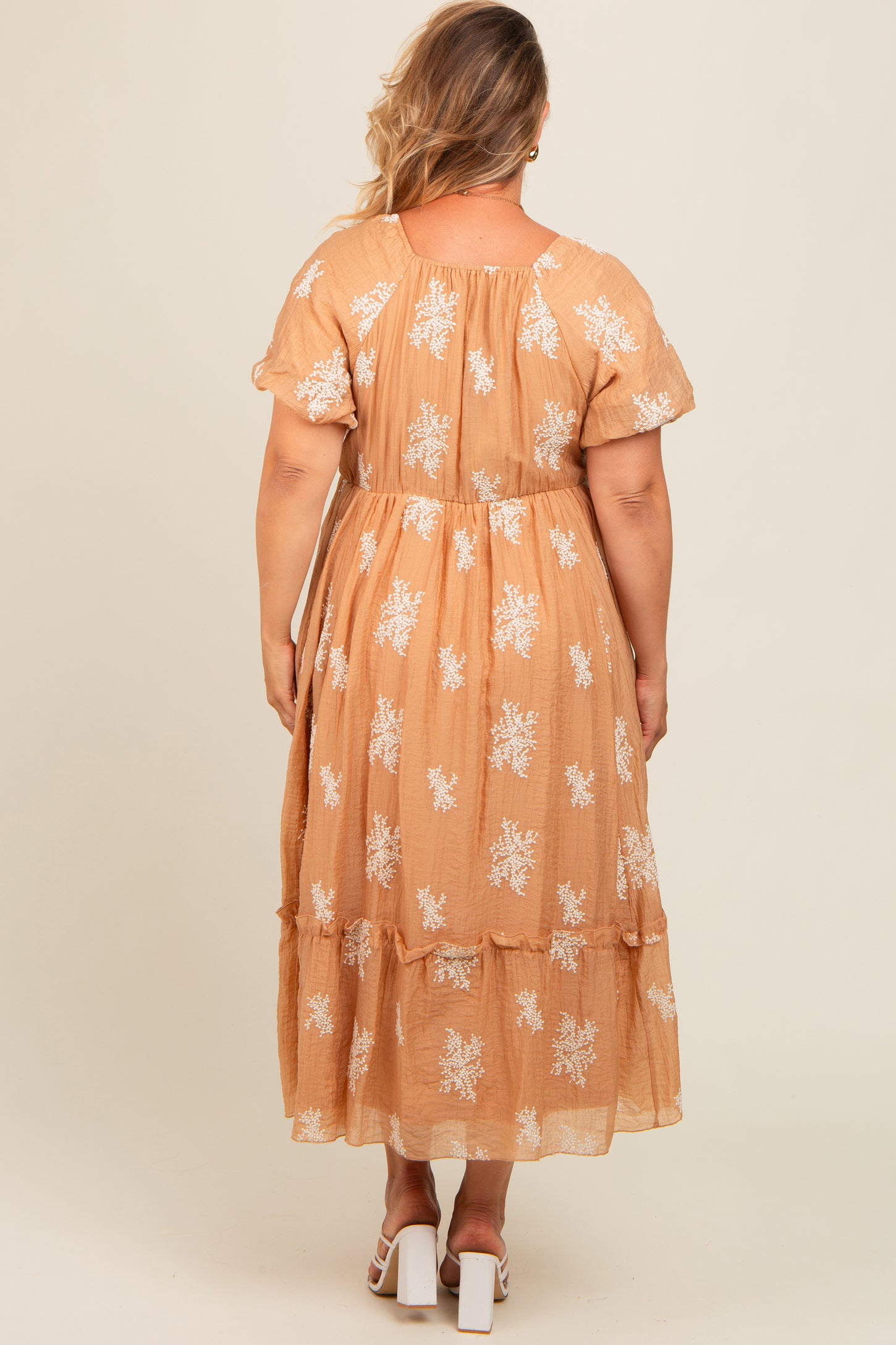 Camel Floral Print Ruffle Hem Maternity Plus Midi Dress