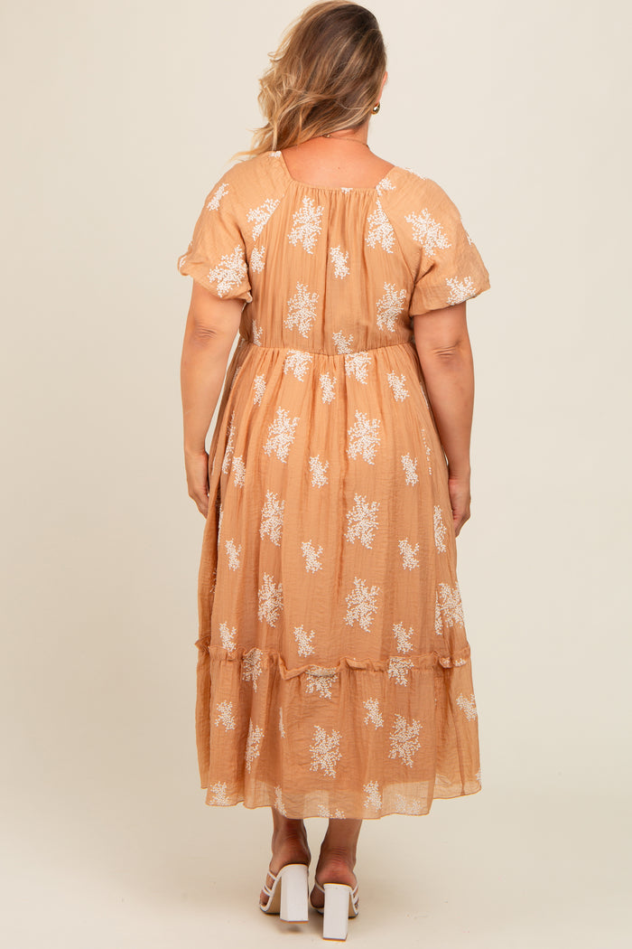 Camel Floral Print Ruffle Hem Maternity Plus Midi Dress
