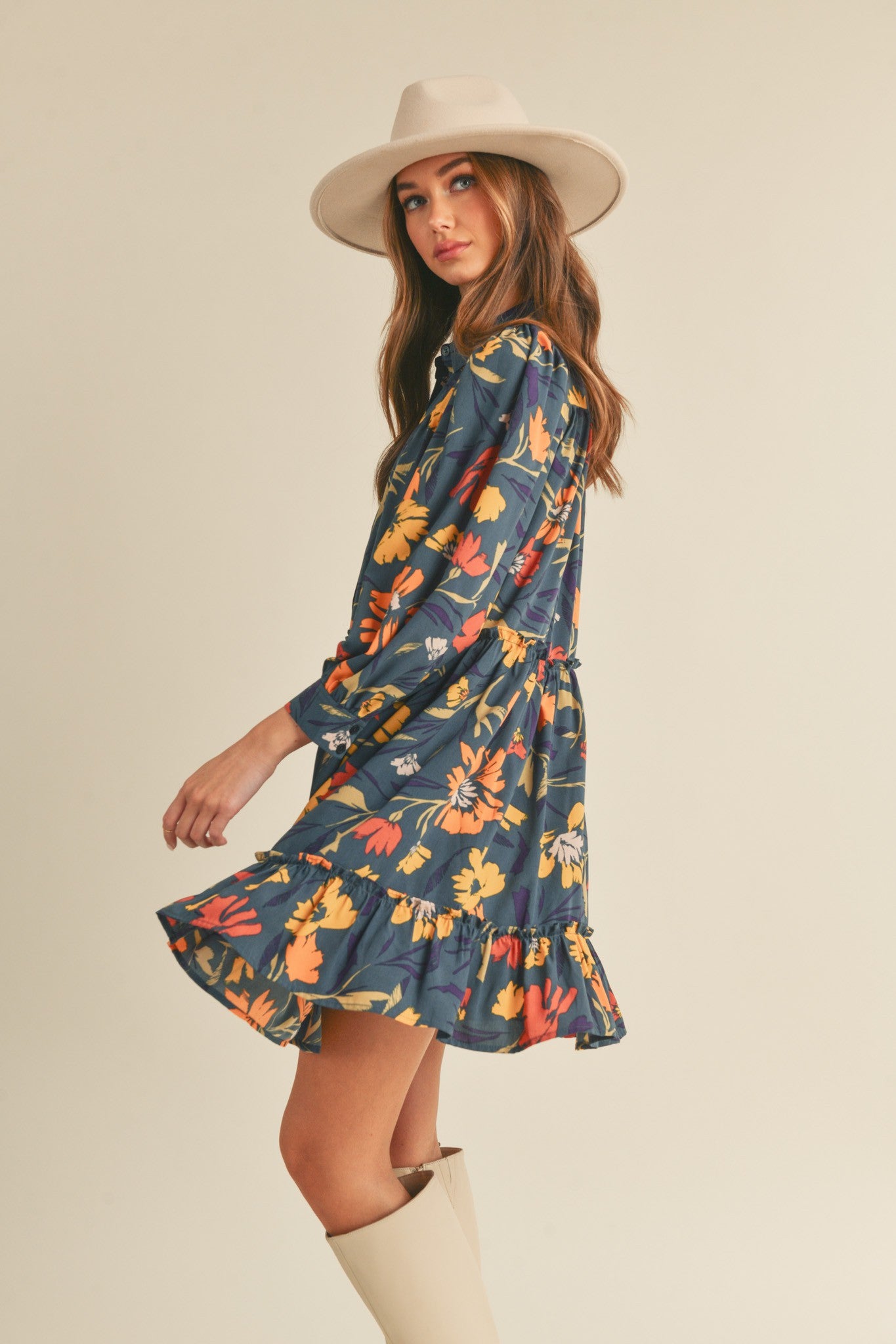 Navy Teal Mlt Floral Floral Button Down Mini Dress