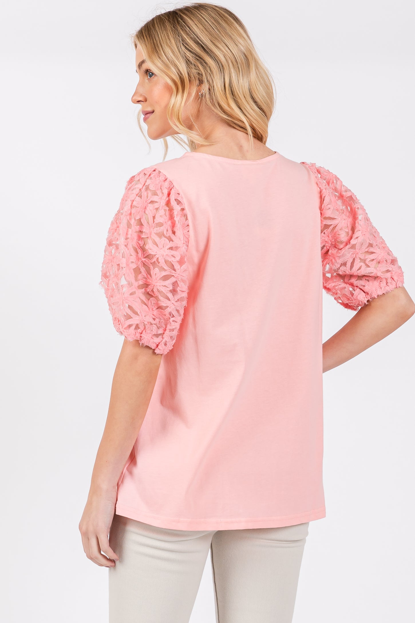 Light Pink Floral Mesh Sleeve Blouse