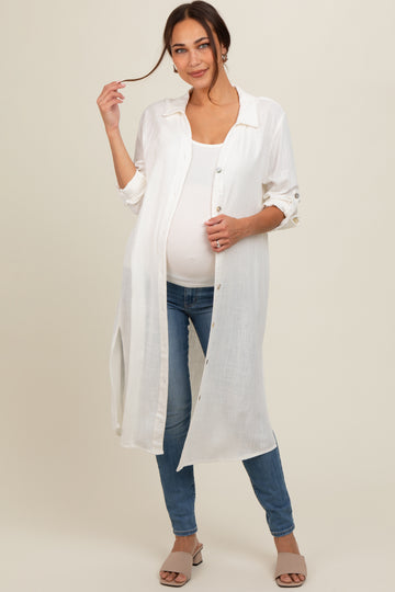 White Collared Button Down Long Maternity Blouse
