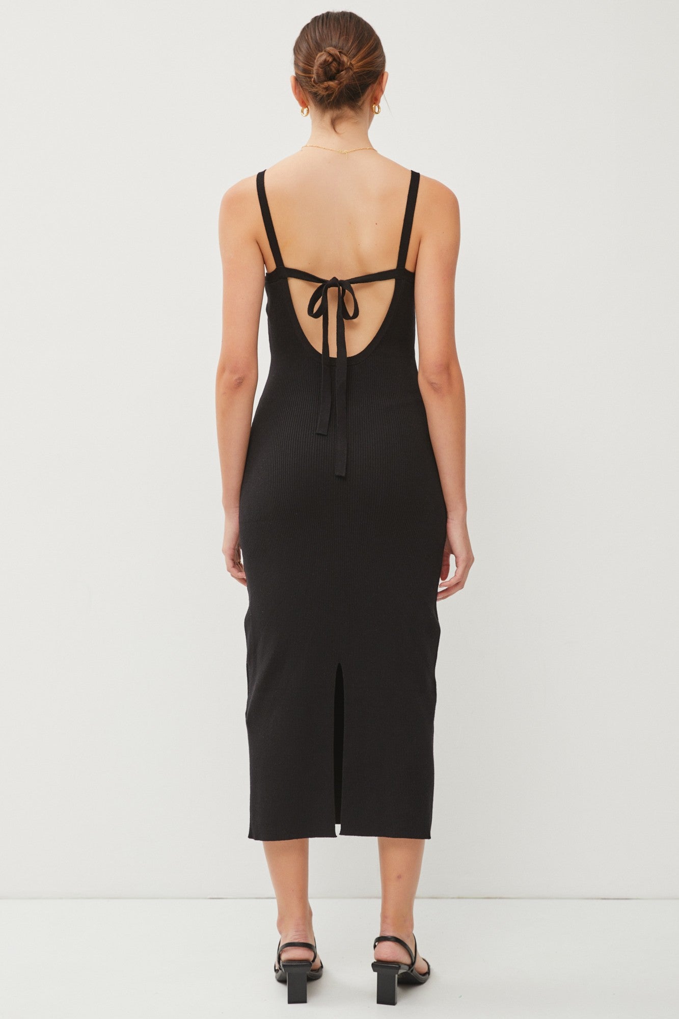Black Knit Open Tie Back Midi Dress