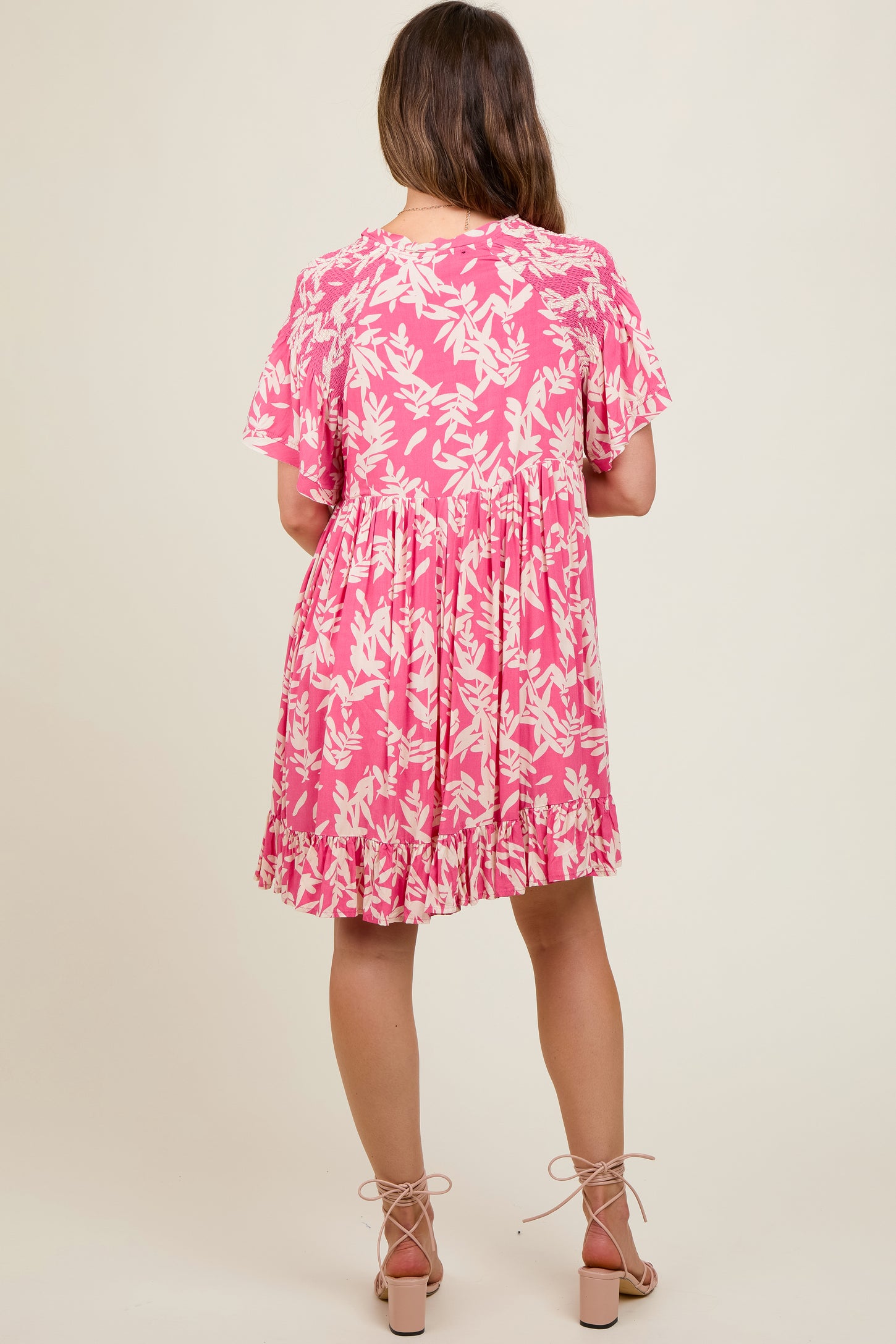 Pink Button Down Pleated Leaf Print Maternity Dress