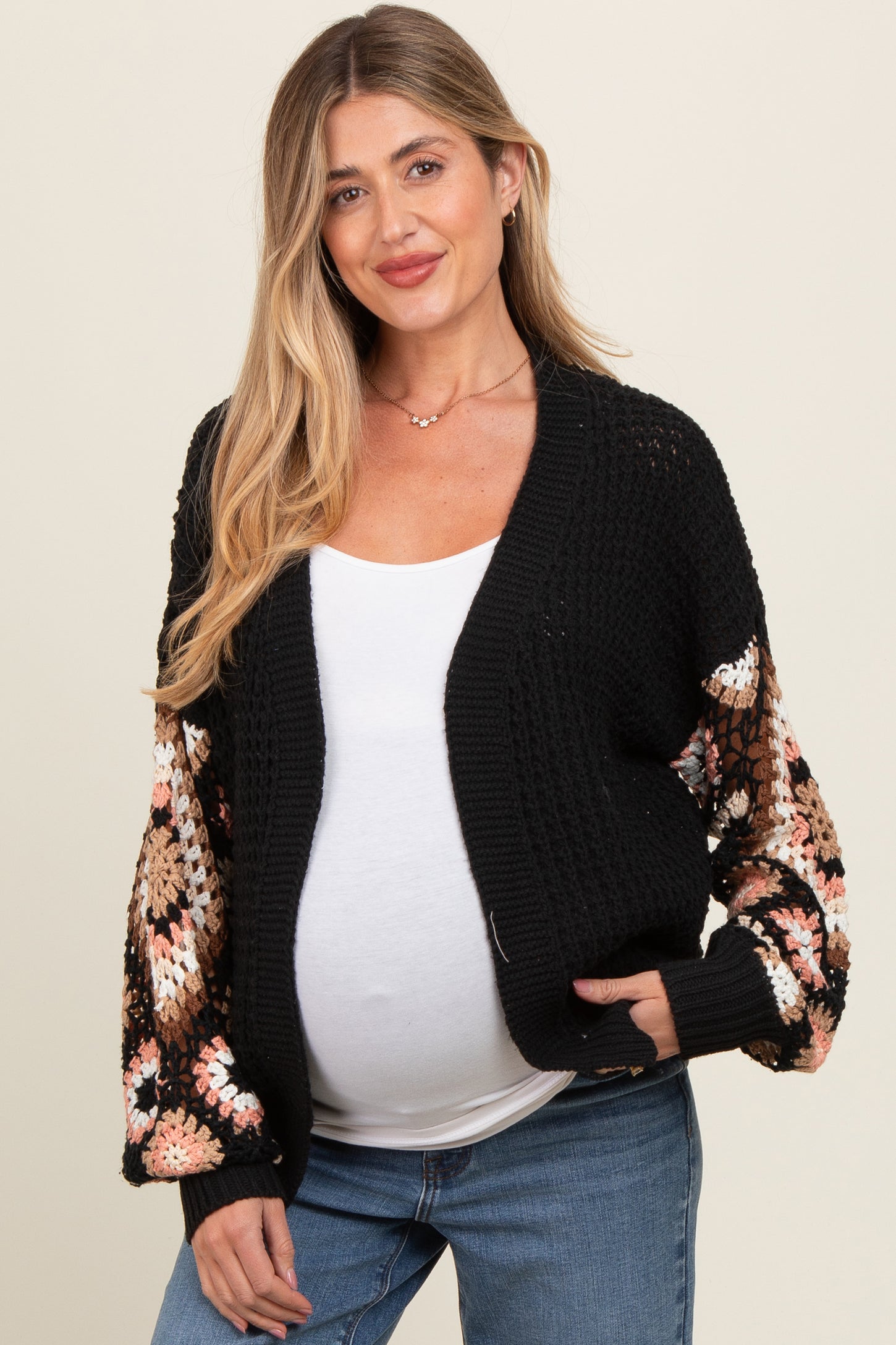 Black Sleeve Crochet Maternity Cardigan