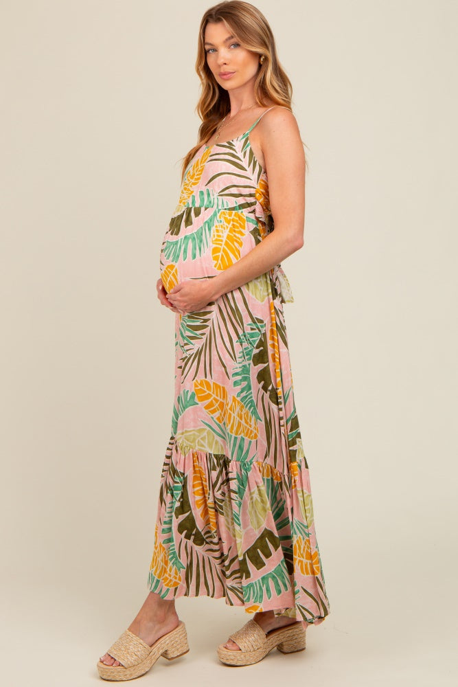 Pink Tropical Print Maternity Maxi Dress
