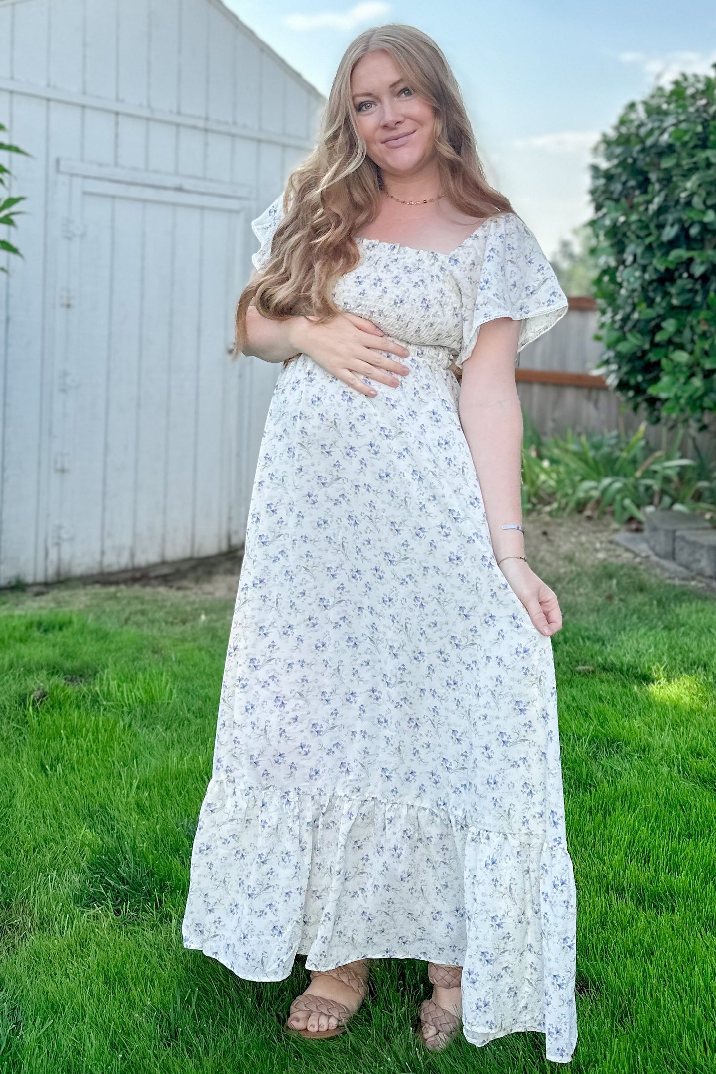 Ivory Floral Smocked Crochet Trim Maternity Dress