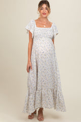 Ivory Floral Smocked Crochet Trim Maternity Dress