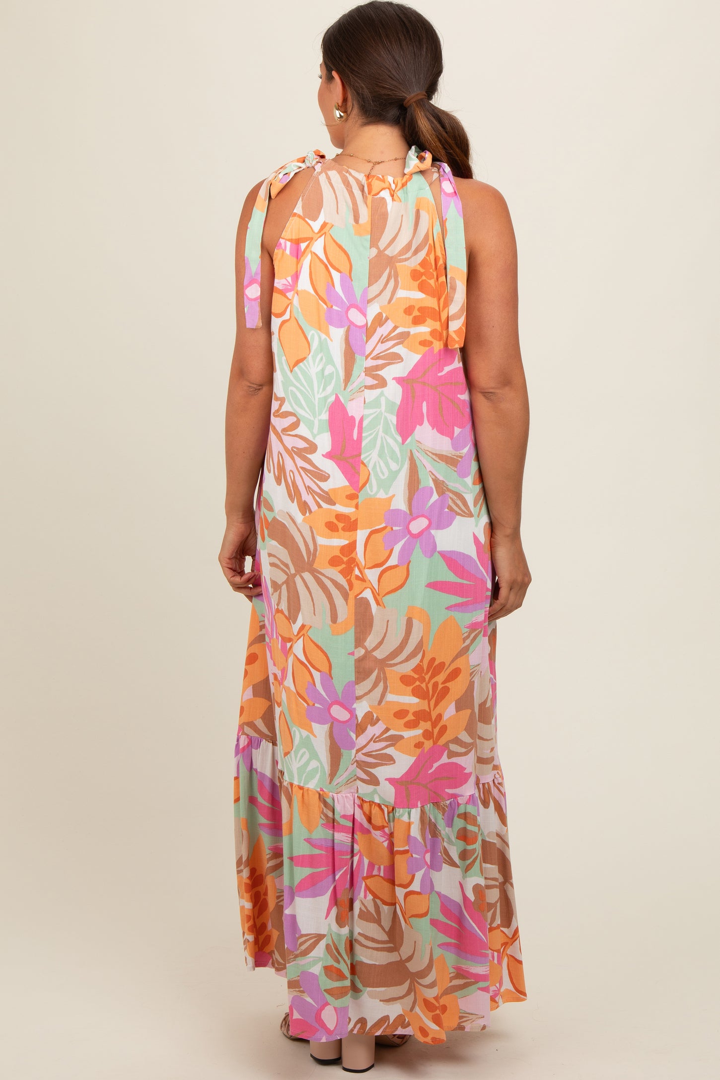 Pink Floral Shoulder Tie Empire Maternity Maxi Dress