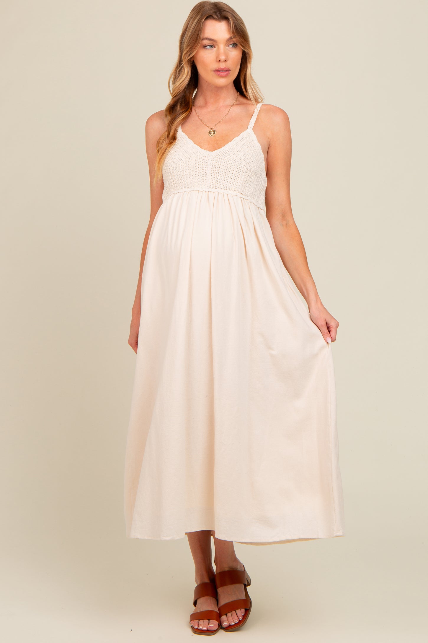 Cream V-Neck Crochet Top Maternity Midi Dress