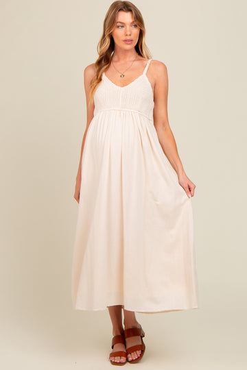 Cream V-Neck Crochet Top Maternity Midi Dress