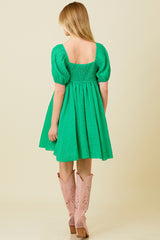 Green Textured Puff Sleeve Sweetheart Neckline Dress