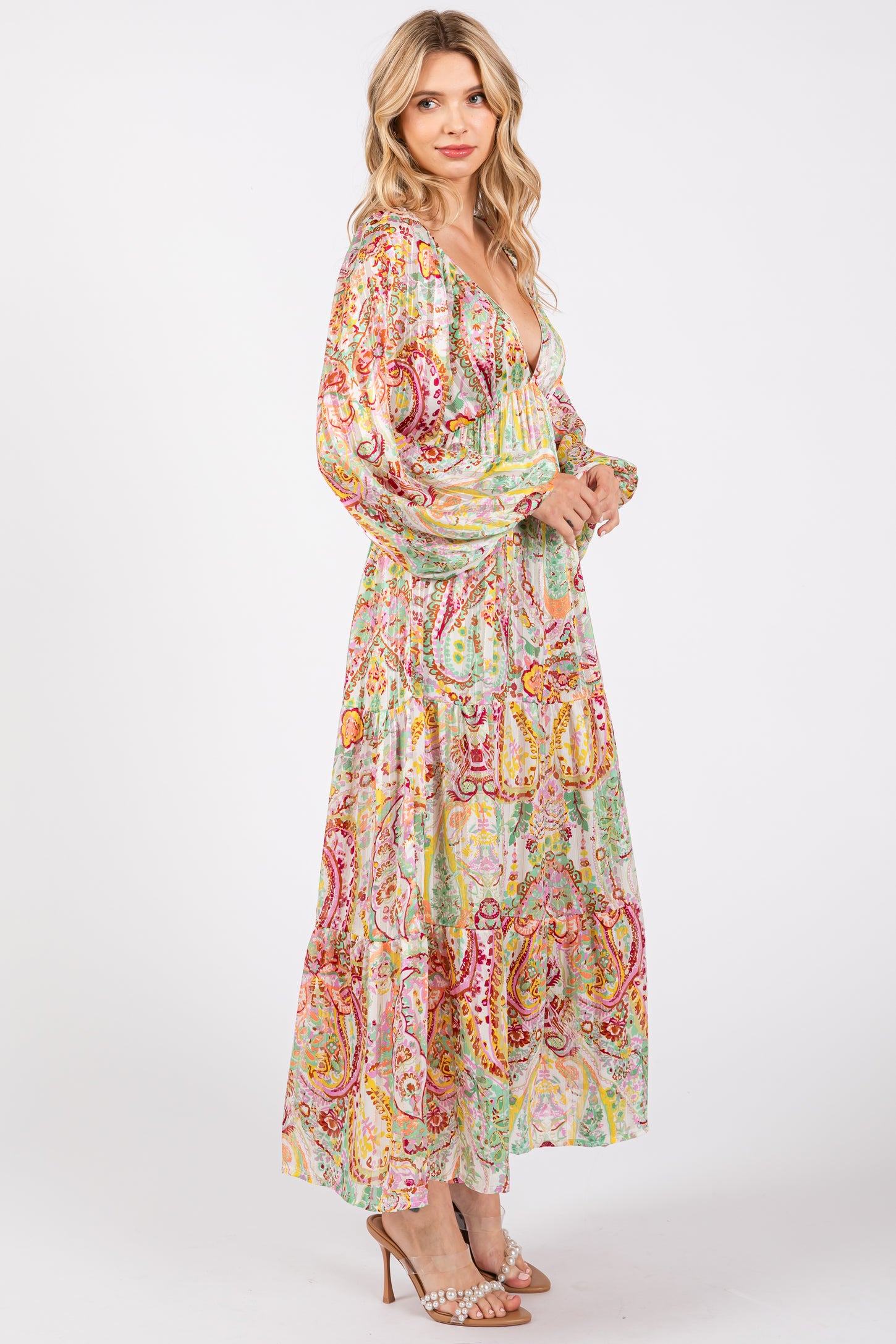 Multi-Color Floral Metallic Striped Tiered Long Puff Sleeve Maxi Dress