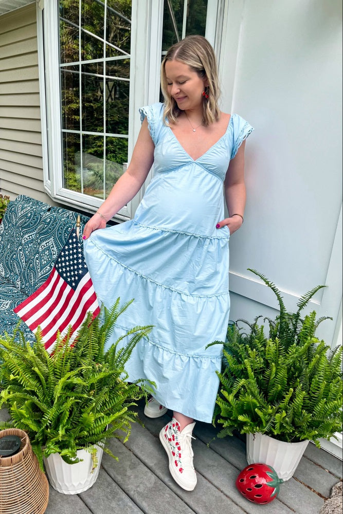 Light Blue Ruffle Trim Maternity Maxi Dress
