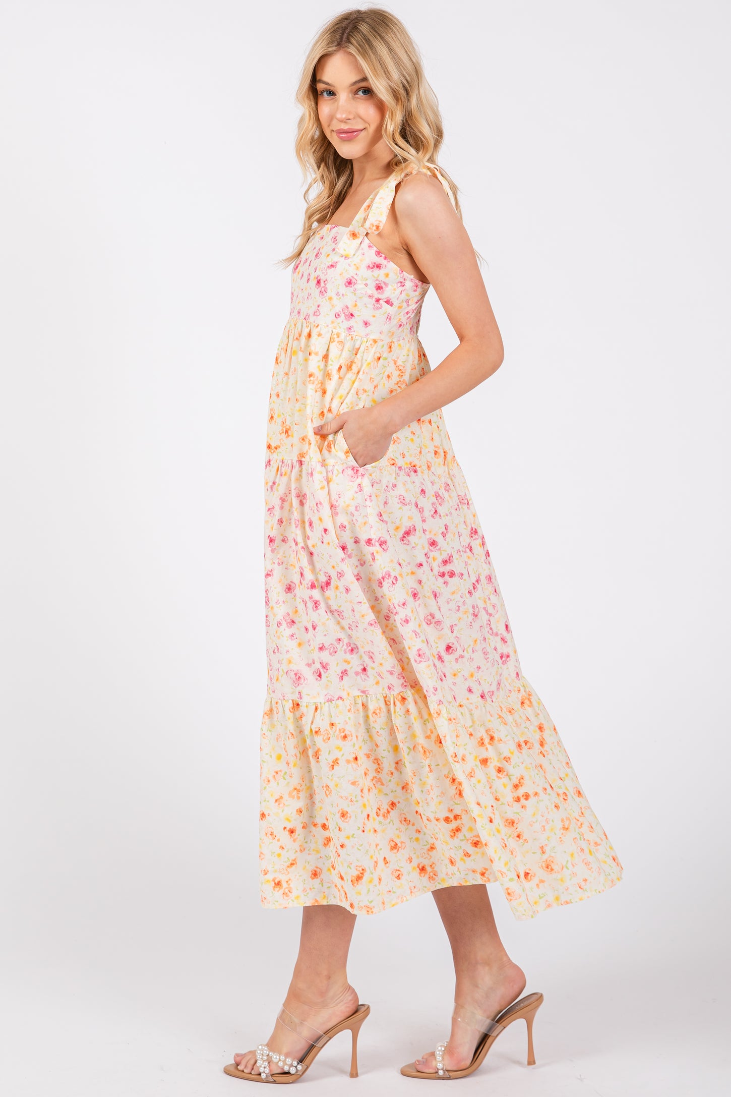 Multi-Color Floral Square Neck Shoulder Tie Tiered Midi Dress