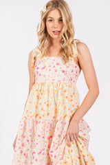 Multi-Color Floral Square Neck Shoulder Tie Tiered Midi Dress