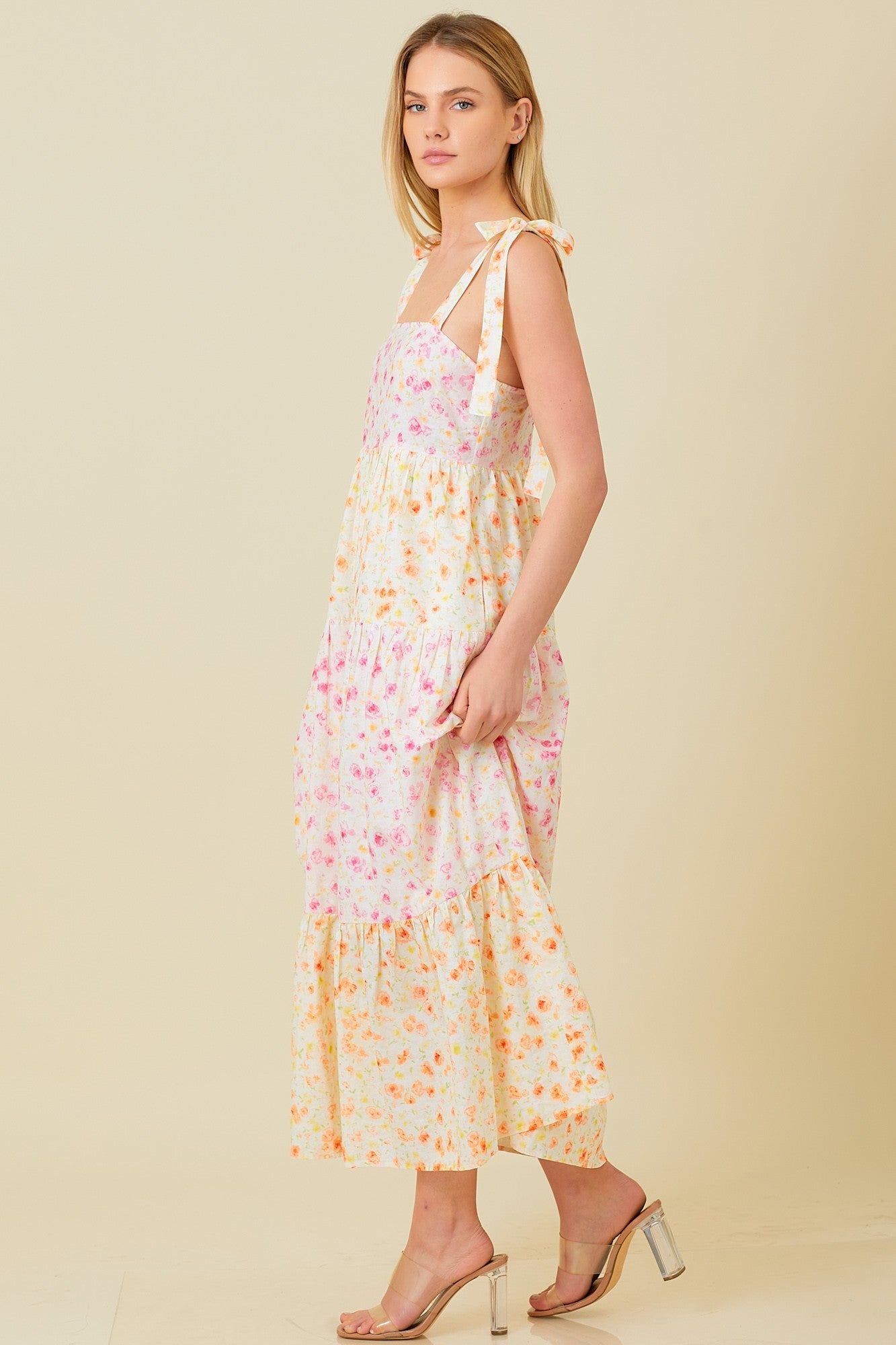 Multi-Color Floral Square Neck Shoulder Tie Tiered Midi Dress