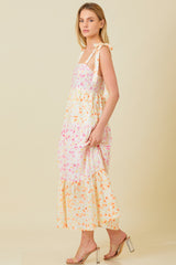 Multi-Color Floral Square Neck Shoulder Tie Tiered Midi Dress