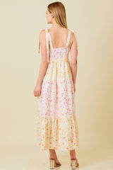 Multi-Color Floral Square Neck Shoulder Tie Tiered Midi Dress