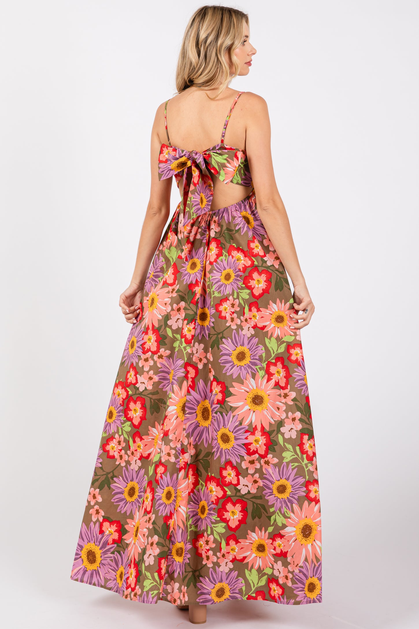 Olive Floral Cutout V-Neck Maxi Dress