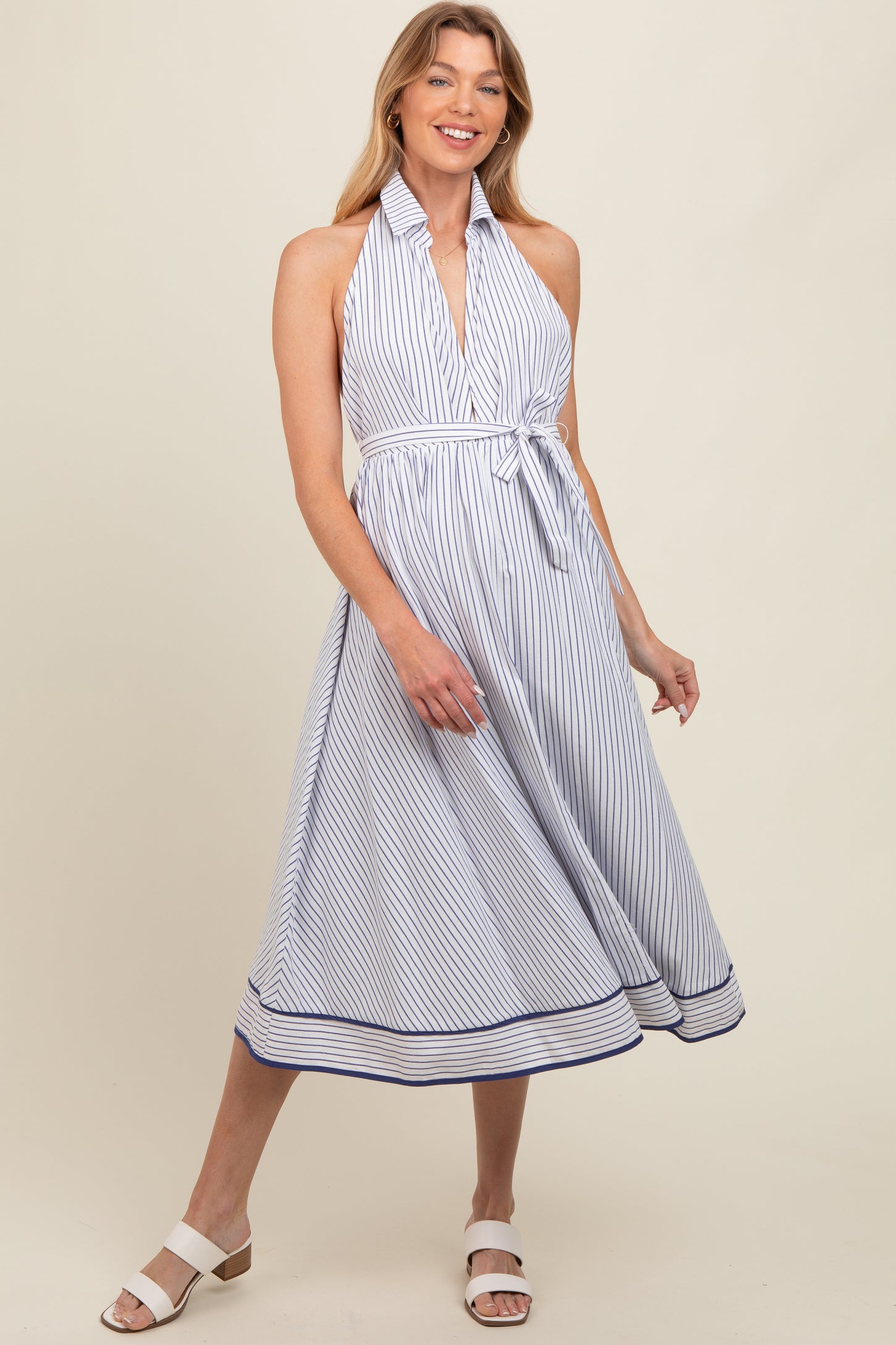 White Striped Halter Maternity Midi Shirt Dress PinkBlush White Striped Halter Maternity Midi Shirt Dress PinkBlush