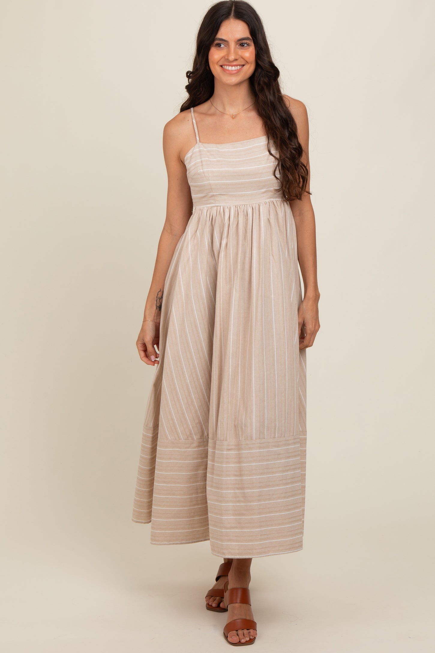 Beige Striped Cutout Back Maxi Dress