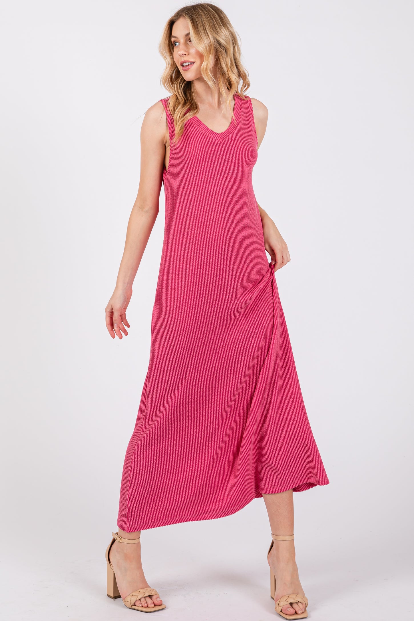 Fuchsia Sleeveless Ribbed Maternity Maxi Dress