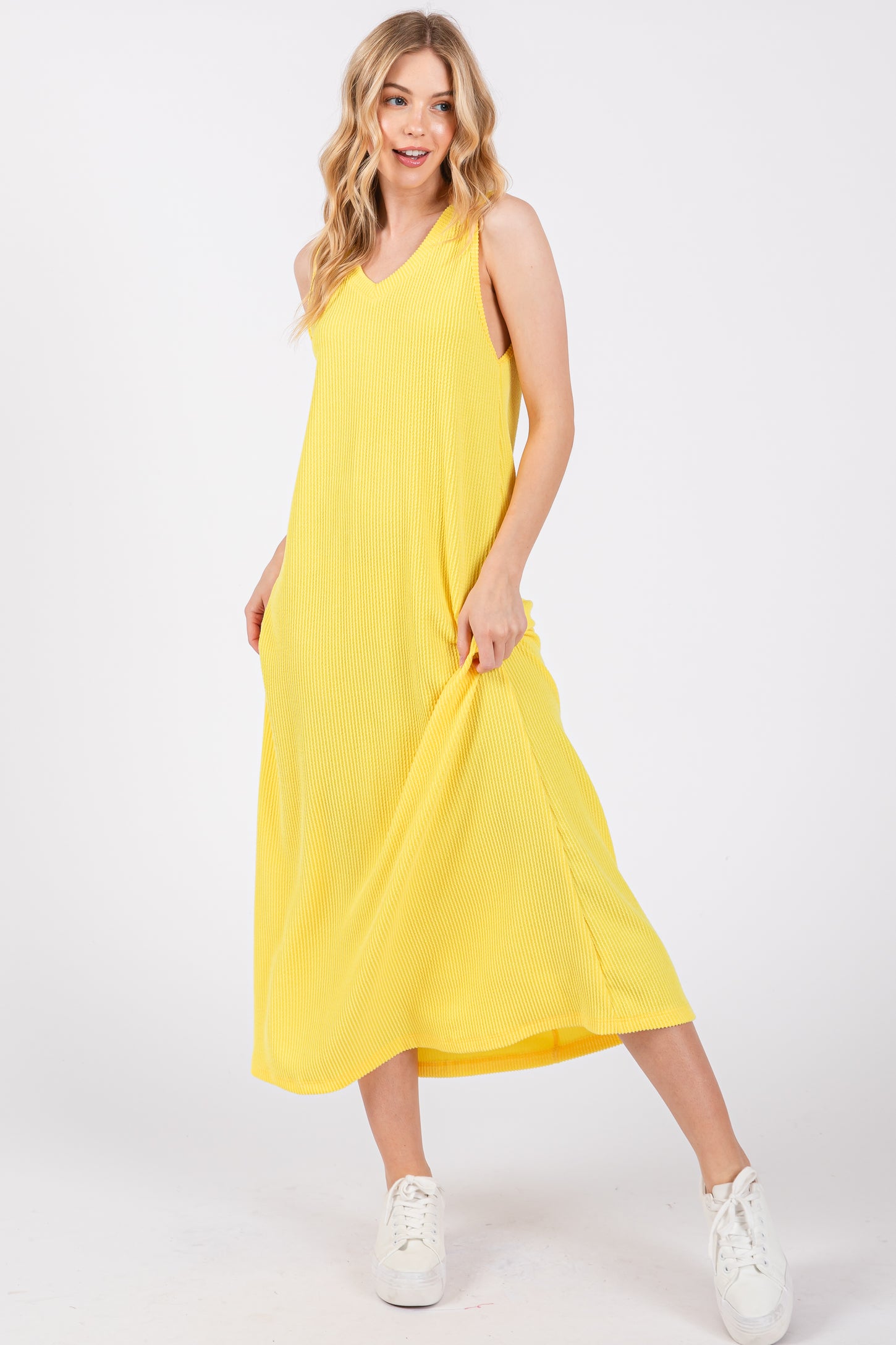 Yellow Sleeveless Ribbed Maternity Maxi Dress