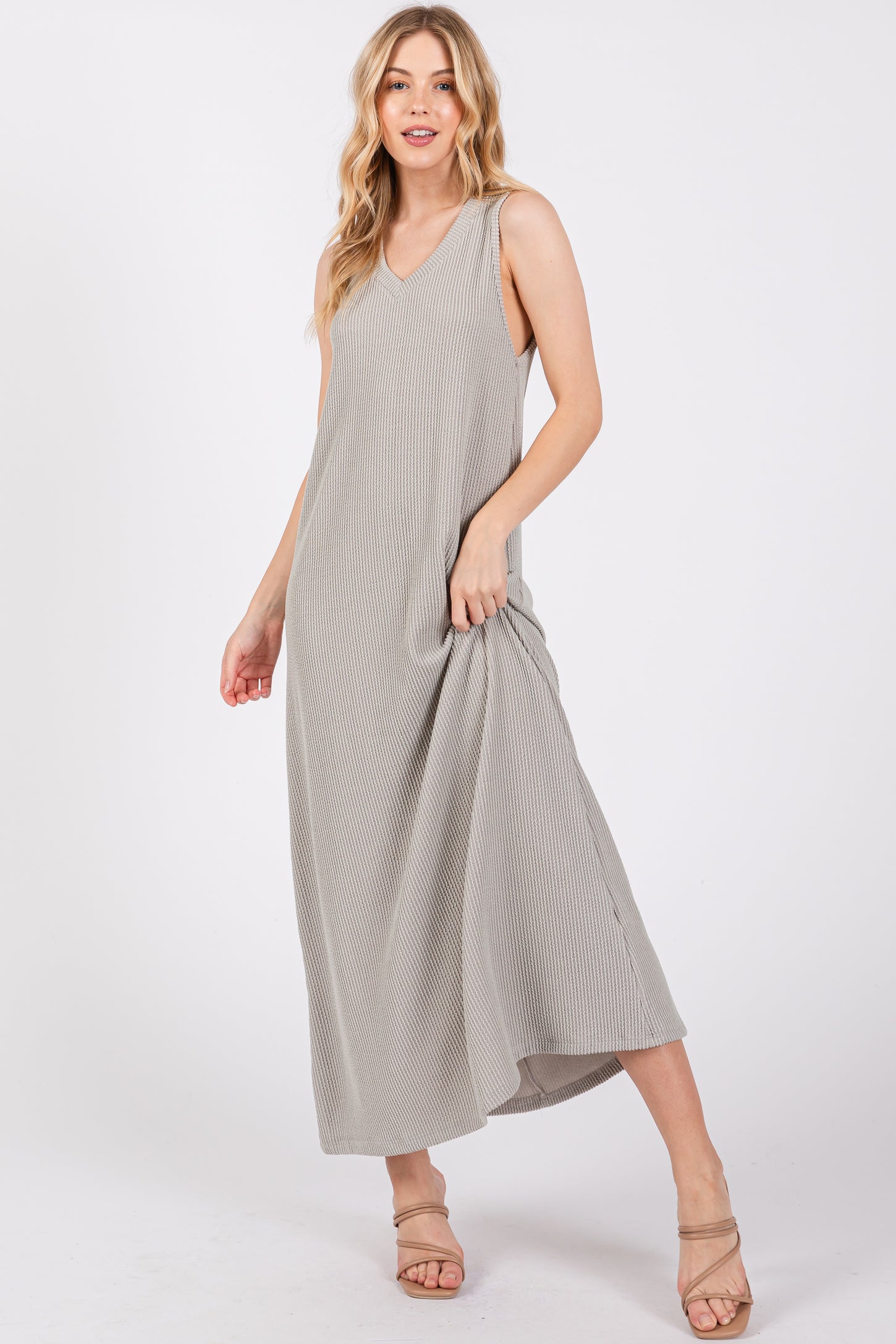 Grey Sleeveless Ribbed Maternity Maxi Dress