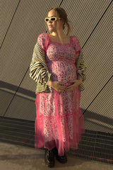 Magenta Floral Lined Smocked Tulle Maternity Midi Dress
