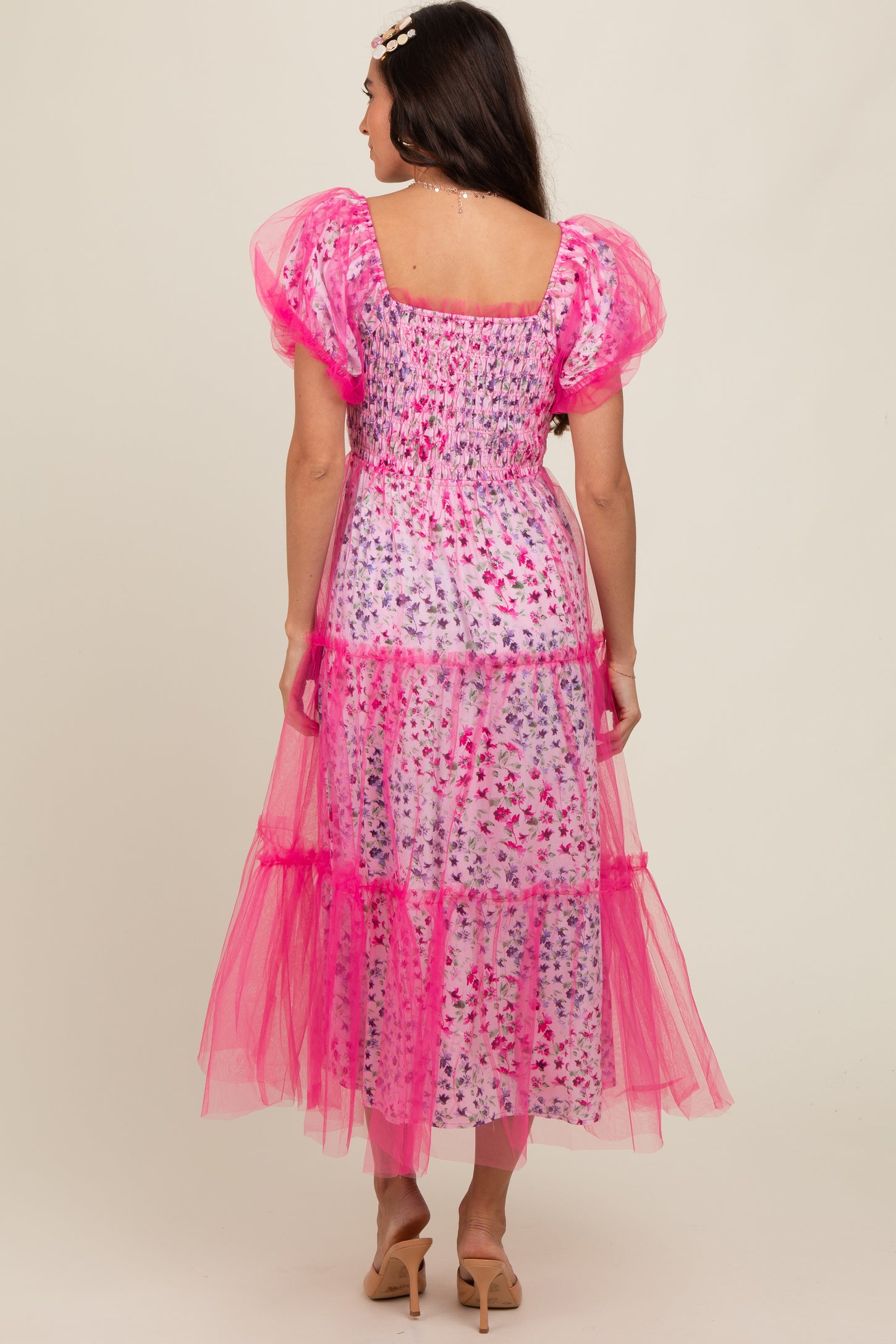 Magenta Floral Lined Smocked Tulle Midi Dress