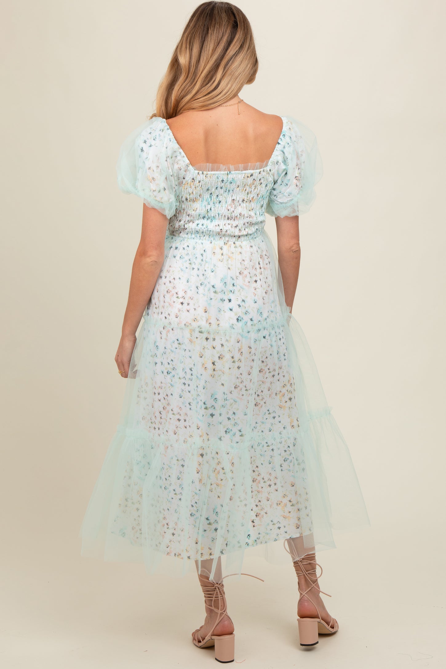 Mint Green Floral Lined Smocked Tulle Maternity Midi Dress