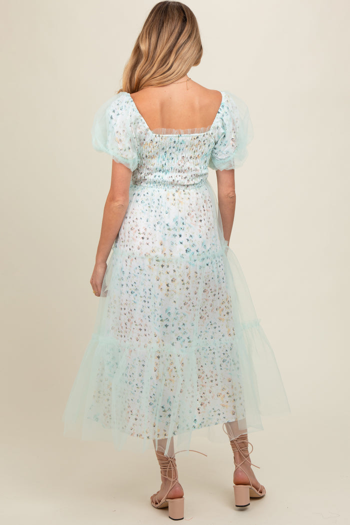 Mint Green Floral Lined Smocked Tulle Maternity Midi Dress
