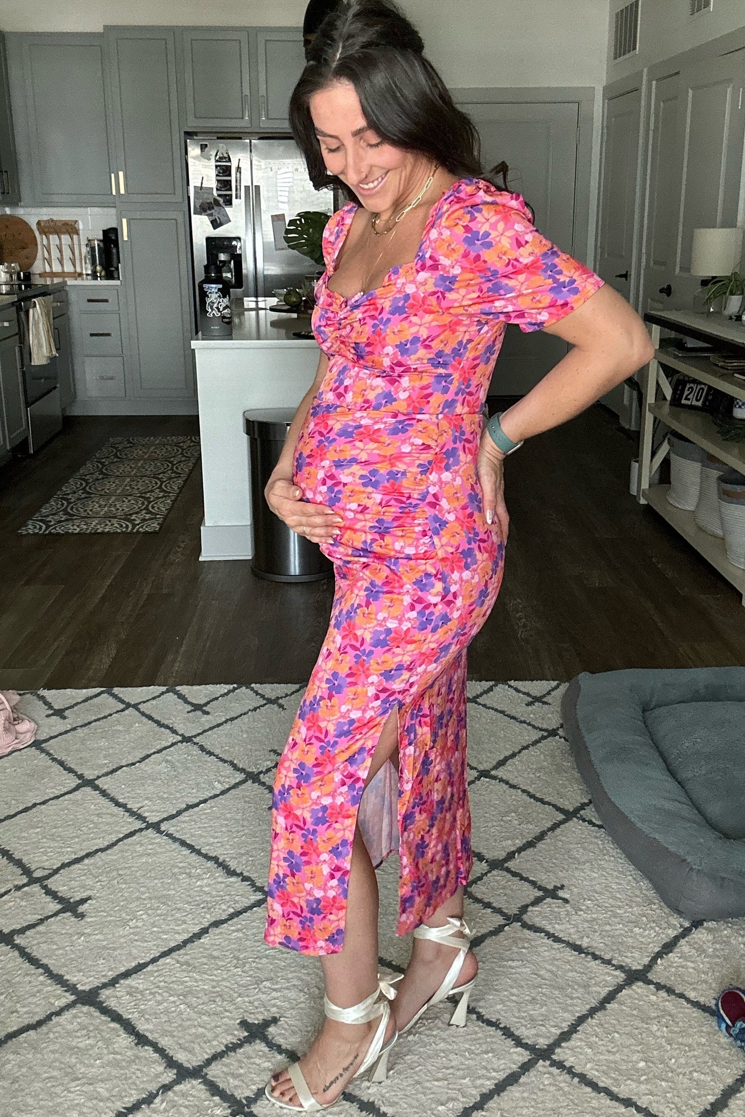 Fuchsia Floral Ruffle Sweetheart Fitted Maternity Midi Dress