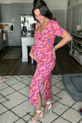 Fuchsia Floral Ruffle Sweetheart Fitted Maternity Midi Dress