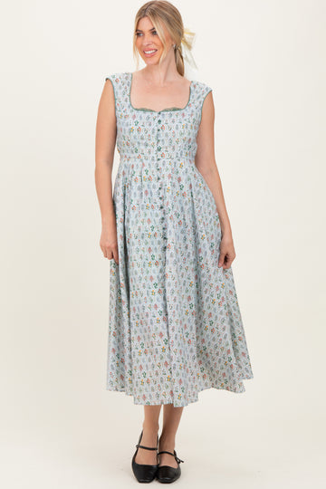 Light Blue Floral Button Front Sleeveless Maxi Dress