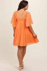 Orange Square Neck Pleated Flutter Short Sleeve Maternity Dress