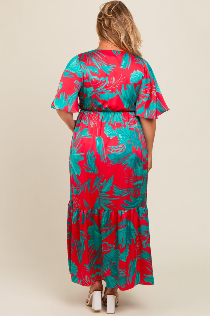 Red Satin Palm Print Button Front Maternity Plus Maxi Dress