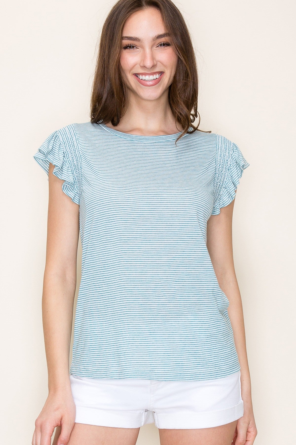 Teal Striped Ruffle Smocked Maternity Top