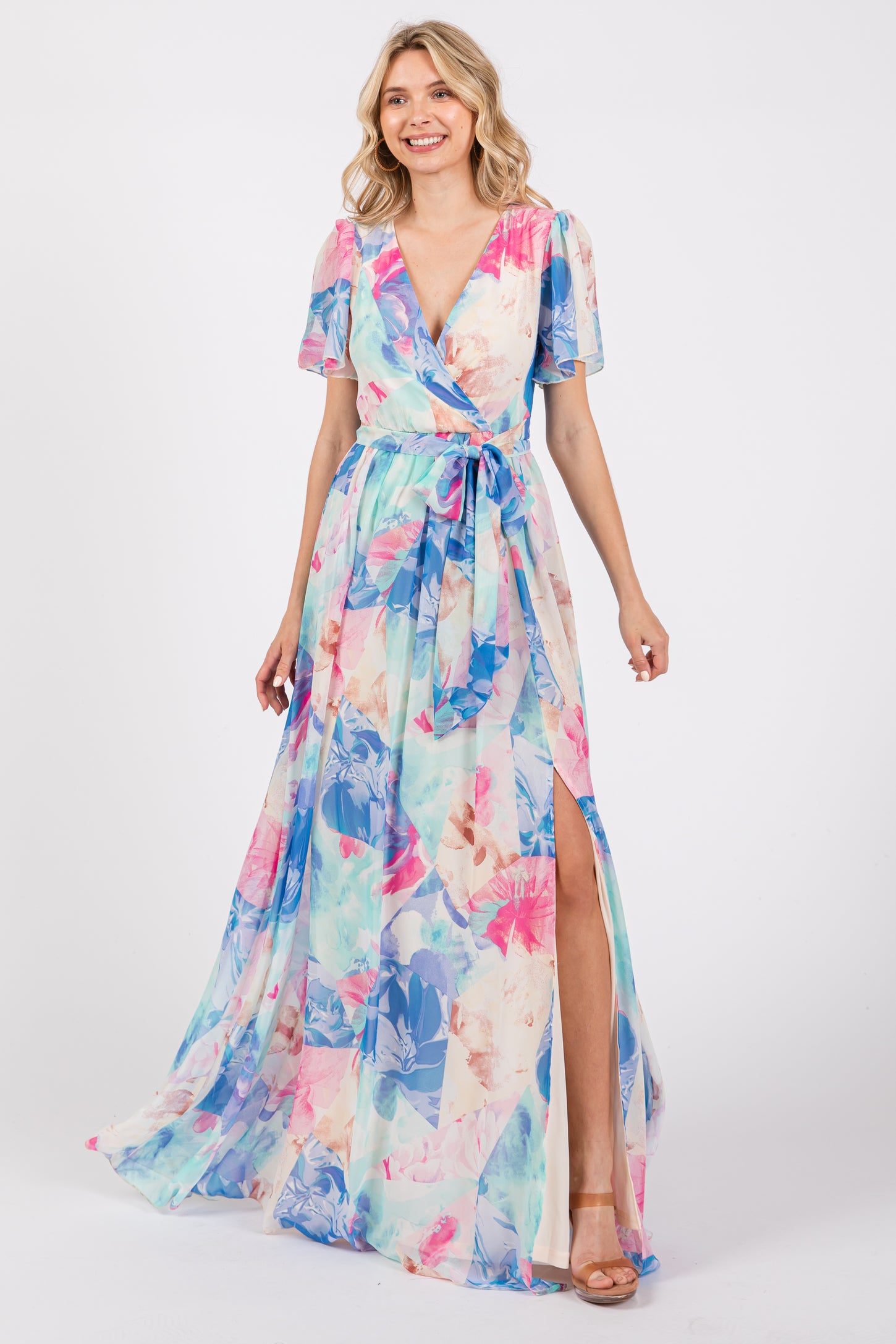 blue and pink wrap dress Elegantly In Route Pink & Blue Stripe Cotton Blend Belt Tie Midi Dress