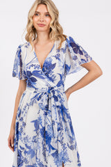 Blue Floral Side Slit Wrap Maxi Dress