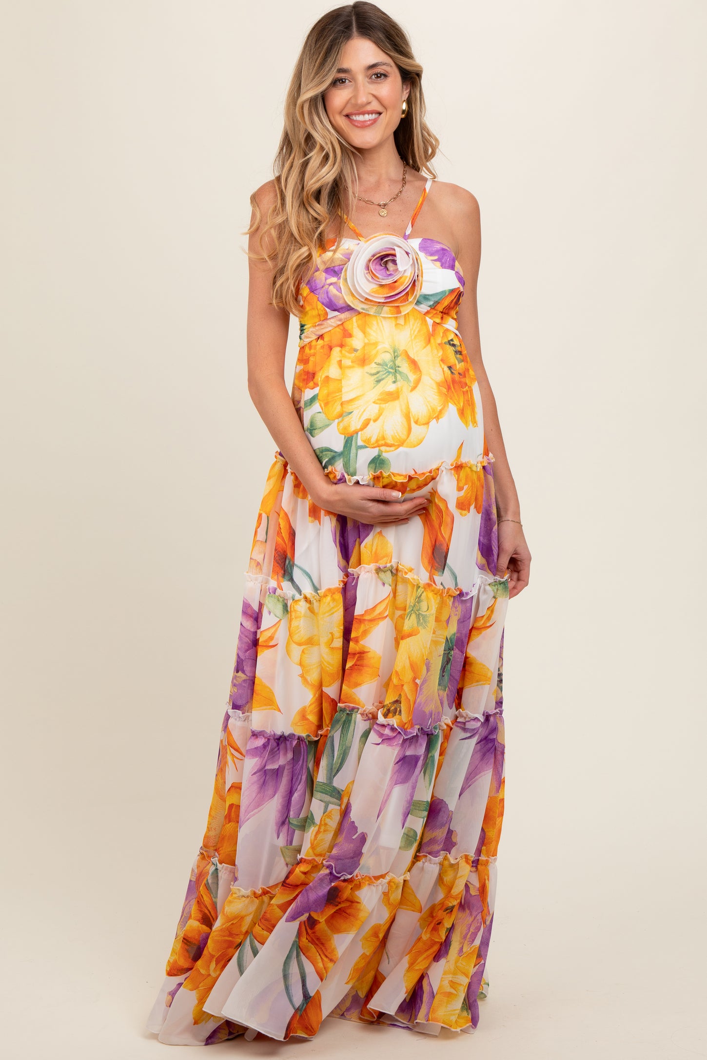 Purple Floral Top Accent Tiered Maternity Maxi Dress