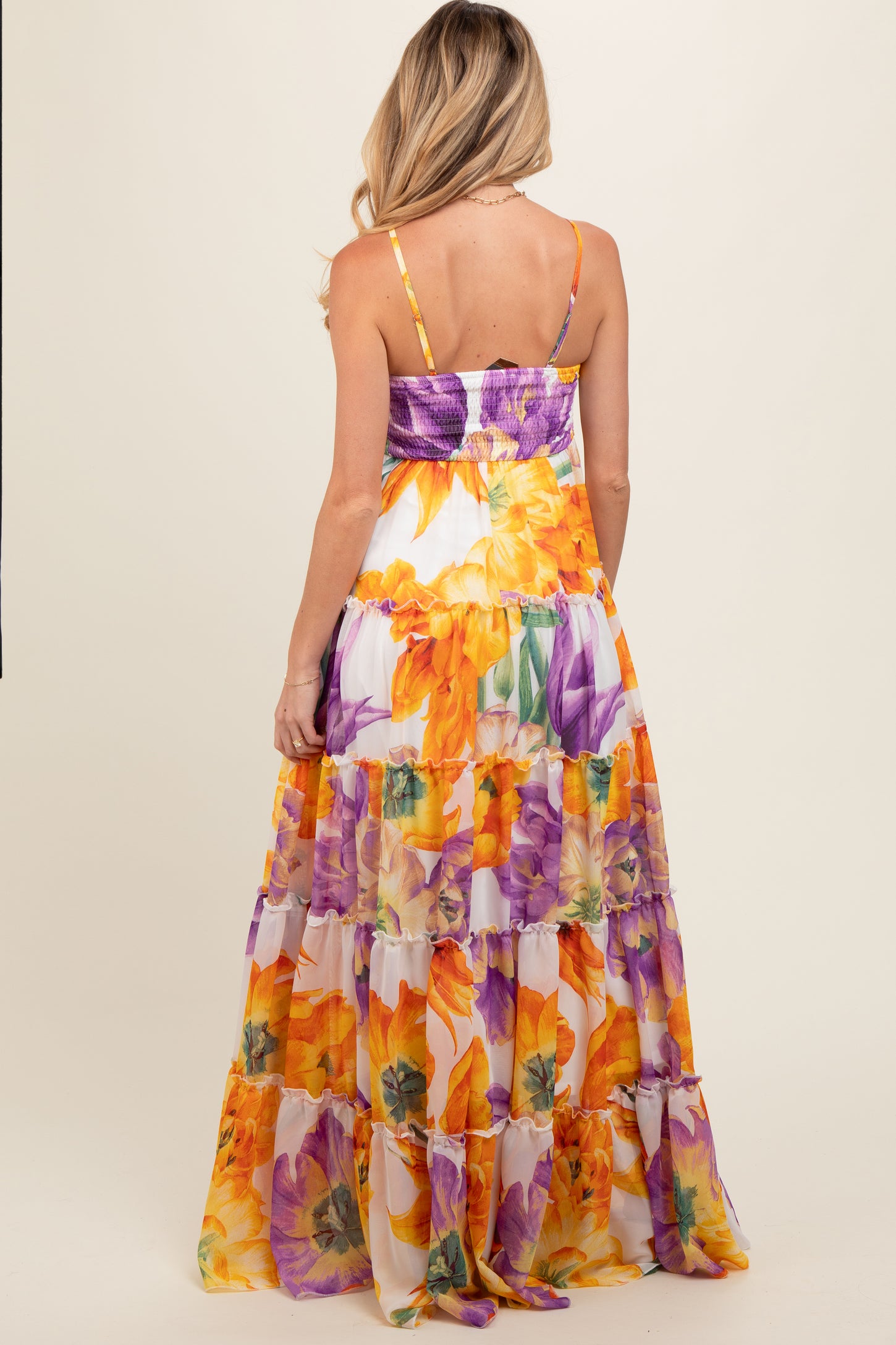 Purple Floral Top Accent Tiered Maternity Maxi Dress