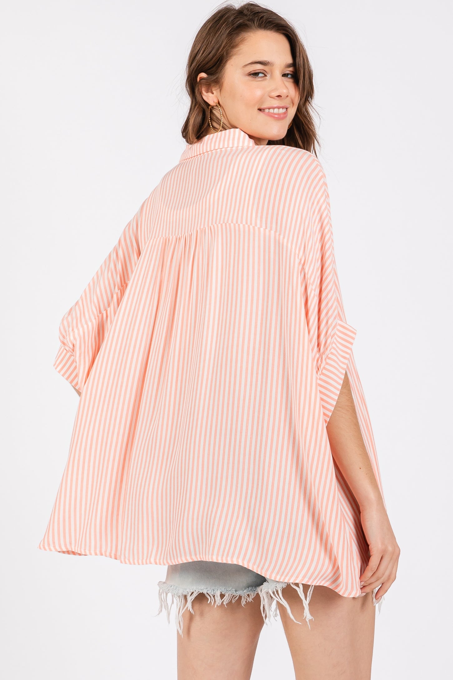 Peach Striped Button Up Dolman Top