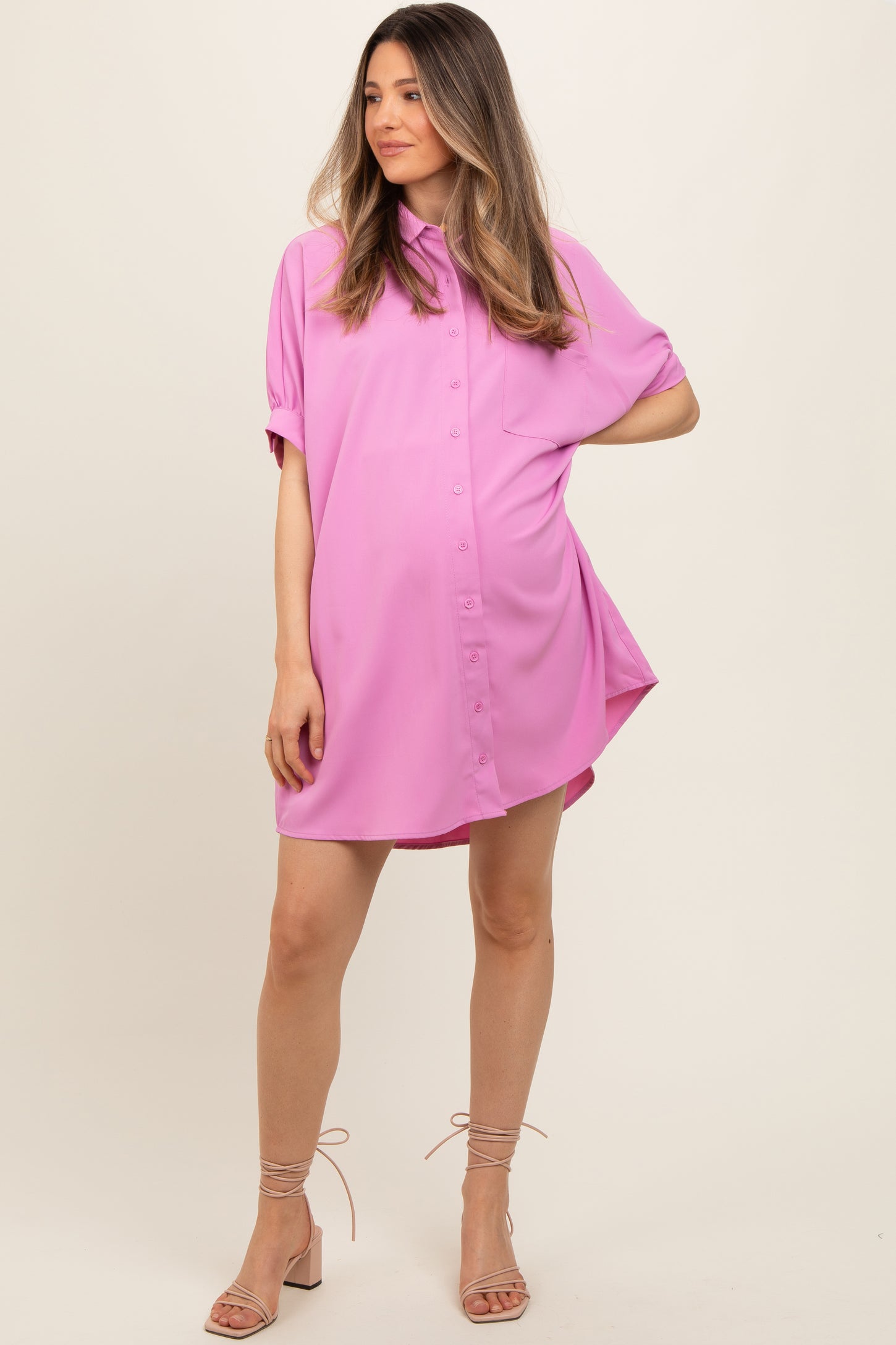 Pink Collared Button Down Maternity Shirt Dress