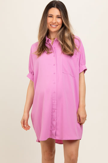 Pink Collared Button Down Maternity Shirt Dress