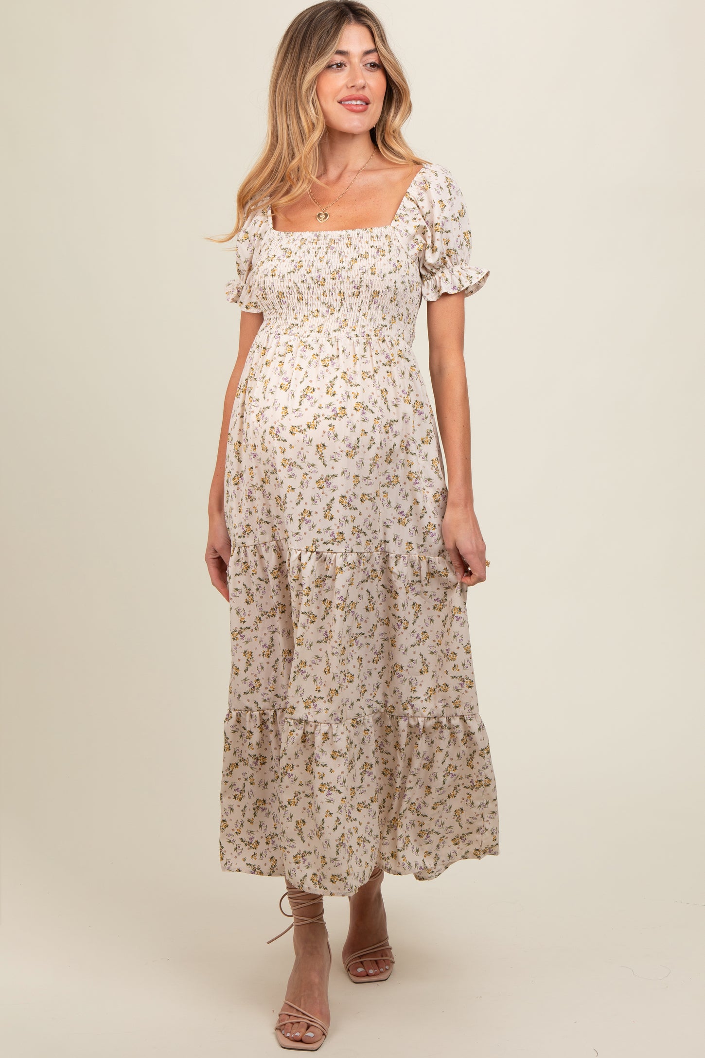 Cream Floral Smocked Square Neck Tiered Puff Short Sleeve Maternity Maxi Dress