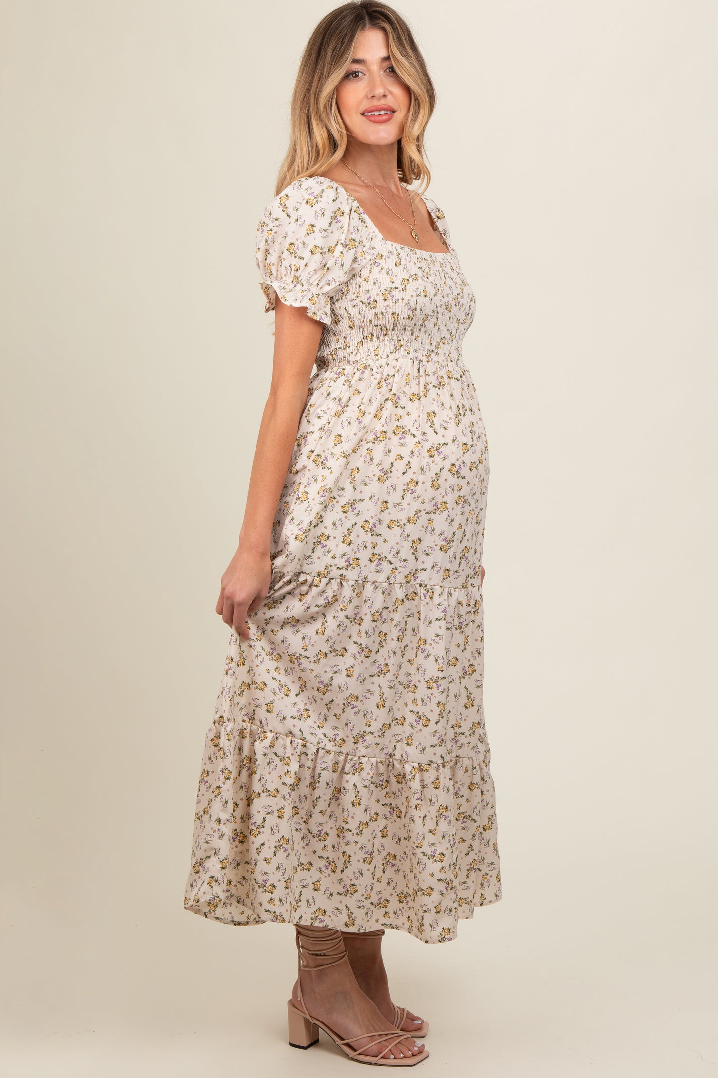 Cream Floral Smocked Square Neck Tiered Puff Short Sleeve Maternity Maxi Dress