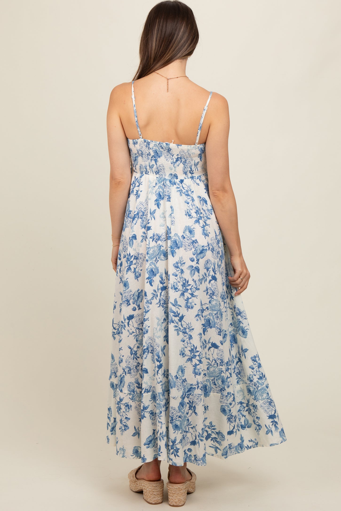 Cream Floral Flowy Sleeveless Squared Neckline Maternity Dress