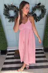 Pink V-Neck Crochet Top Midi Dress